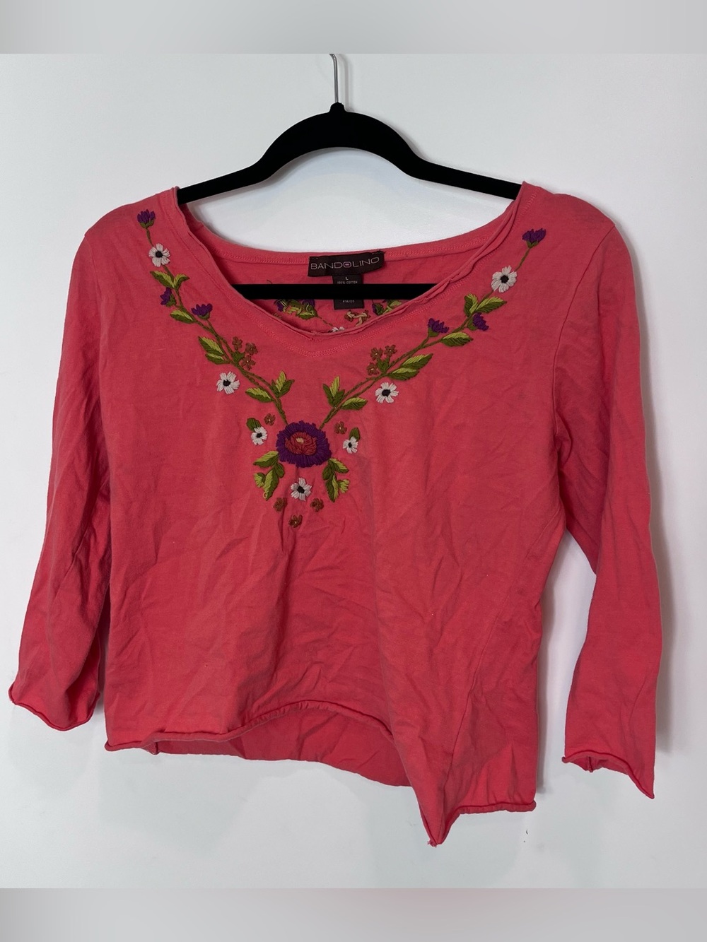 Bandalino Floral Embroidered Peach Coral Blouse Large Cotton Cottagecore